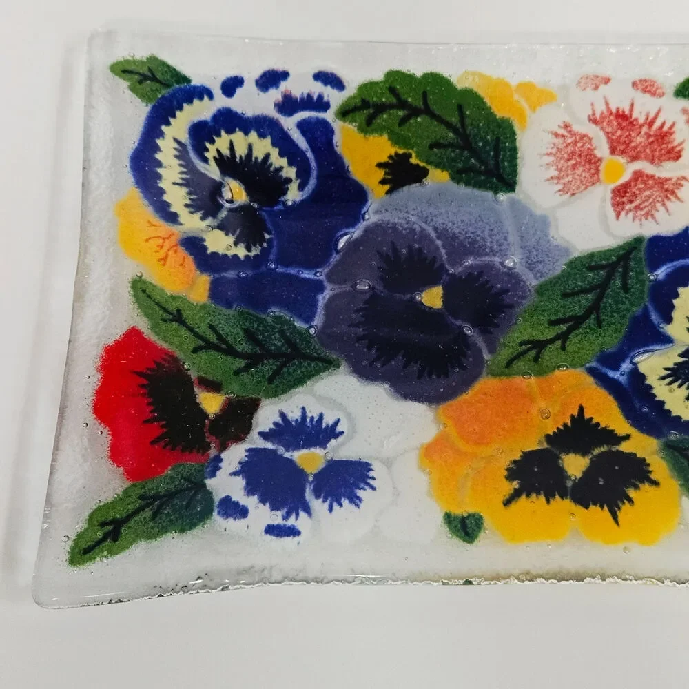 Vintage Peggy Karr Pansies Fused Art Glass Rectangular Tray | 1990s Trinket Dish